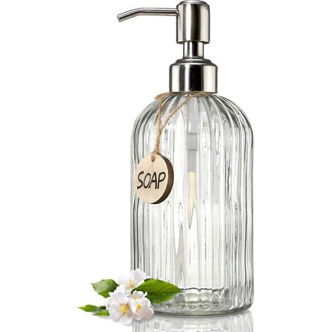 Distributeur de savon en verre transparent 18 oz (532 ml) JASAI avec pompe en acier inoxydable antirouille, distributeur de savon liquide rechargeable pour salle de bain, cuisine premium (1/3)