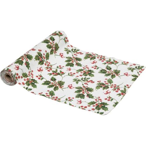 Chemin de table Tissu Beige et Houx vert et rouge 28 x 300 cm - Feeric Christmas