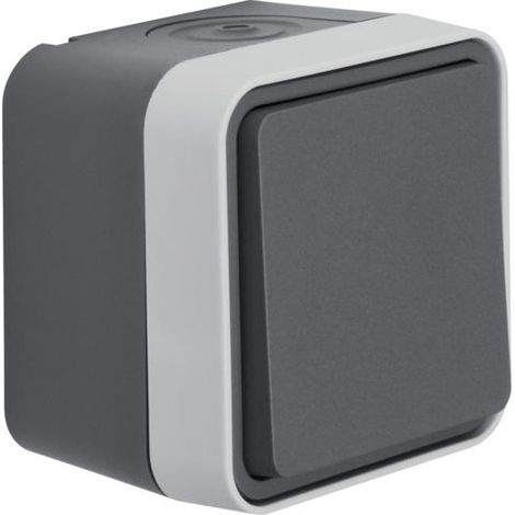 Hager – Interrupteur va et vient saillie gris IP55 – Montage rapide avec vis ¼ de tour – Étanchéité totale pour espaces humides