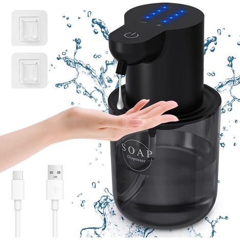 Distributeur de savon automatique mural 400ml - Électrique avec affichage batterie, volume de mousse réglable 4 niveaux, pour salle de bain et cuisine, noir