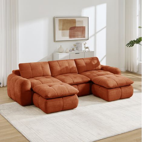 Canapé d'angle modulable 3 places en chenille, assise confortable de 54 cm, design matelassé, base antidérapante, sans montage, 2 poufs, orange (1/5)