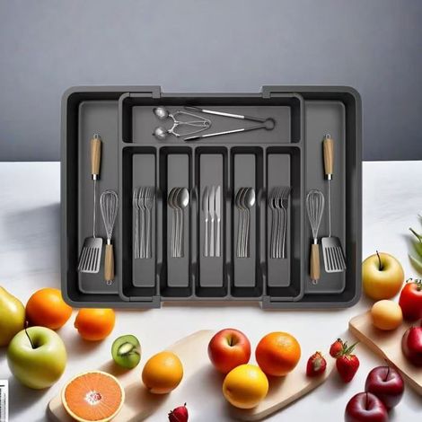 Porta Posate, Regolabile per Stoviglie, Cucchiai Forchette Coltelli Scatola di Stoccaggio, Porta Posate per Cassetto, Nero