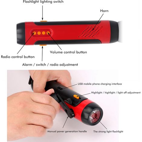 Tragbare Kurbeltaschenlampe mit Alarmfunktion, FM-Radio und 1800-mAh-LED-Generator für Zuhause, Outdoor-Aktivitäten, Camping und Wandern (1/5)