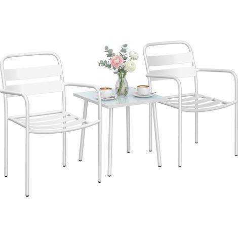 résistant rouille, lattes, table verre, jardin, 2 chaises métal 3 pièces, ensemble meubles bistrot (1/5)