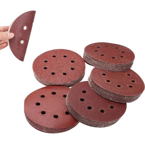 75 disques de papier de verre rouge à 8 trous de 5 pouces, 125 mm, perforés et floqués, pour le ponçage du corindon brun avec une finition floquée. (1/5)