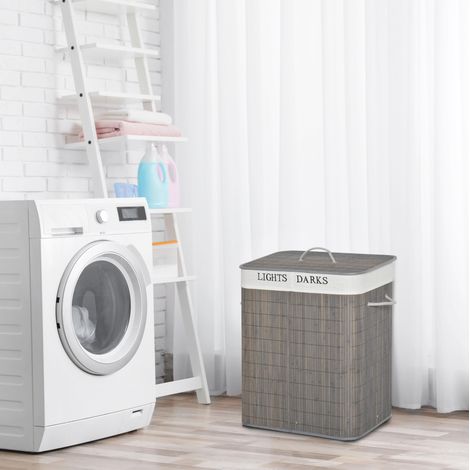 Cesto para ropa de 100 L de bambú, 2 compartimentos, tapa abatible, gris DESVIAE (1/5)