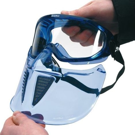 FP – Visière de protection bleue pour lunettes – Monture souple en PVC – Goulotte de débordement pour éviter les infiltrations – Poids 113g