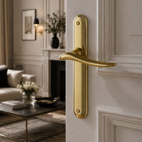Ouvre&Déco – 2 poignées de porte intérieure design en laiton poli sur plaque BdC entraxe 195 mm, MARISA