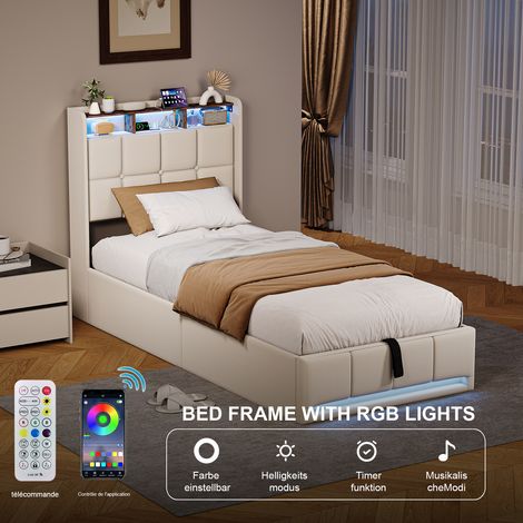 HYTKKBD-Lit Coffre 90x200 avec Port USB et Lumières LED Réglables,Lit Simple Capitonné,Lit Adult 90x200,Lit 90x200,Lit Hydraulique,Rangement Hydraulique,Lin,Beige