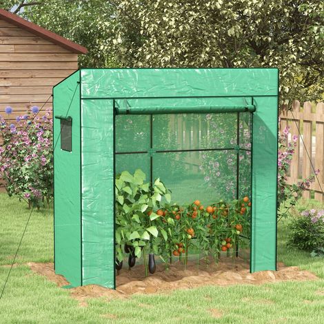 Serre adossée murale 1 porte enroulable, bâche PE renforcée, 2 fenêtres, dim. 196x77x197/178 cm (1/5)