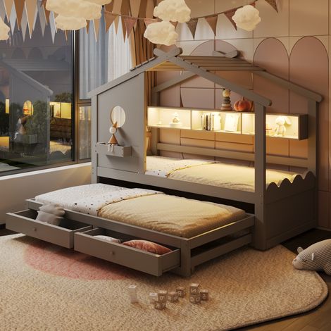 Cama infantil de madera maciza gris de 90x200 cm con cama nido de 90x190 cm, LED, USB/Tipo-C y espacio de almacenamiento. (1/5)