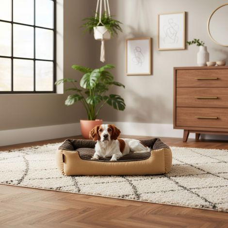 belviona Hundebett mit kuscheligem Wendekissen, pflegeleicht & rutschfest, gemütlicher Schlafplatz, 75x60 cm, beige/braun (1/5)