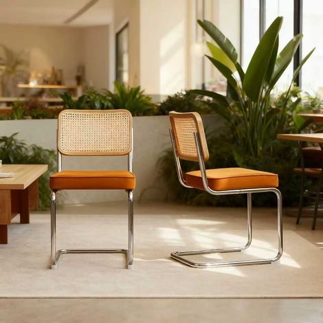 Ensemble de 4 fauteuils Breuer milieu du siècle,en rotin velours avec pieds chromés,rembourrés,adaptés pour cuisine,salon et salle à manger.(MI) (1/5)