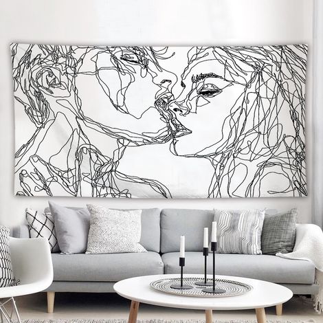 Hommes Femmes Soulful Résumé Croquis Tapisserie Murale d'amoureux s'embrassant dortoir Chambre Salon 130cmX150cm (1/5)