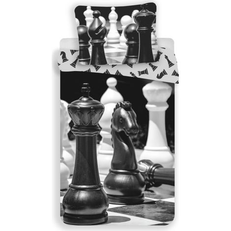 Parure de lit en coton "Echecs" - Blanc/Noir- 140 x 200 cm - Livraison gratuite (1/5)