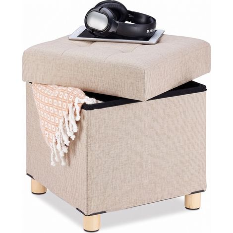 Relaxdays storage pouffe, softly padded, quilted, fabric cover, cube-shaped, HxWxD: 40 x 38 x 38 cm, beige (1/5)