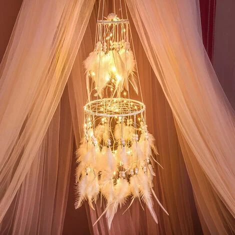Attrape-rêves double cercle en plumes blanches avec guirlande lumineuse LED animée, décoration murale pour chambre, mariage, style bohème chic, fête, chambre d'enfant (1/5)