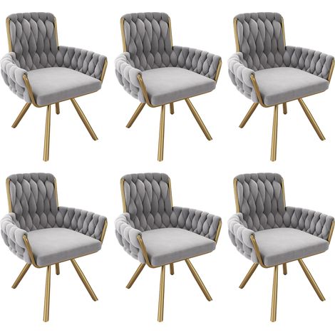 Sedia da pranzo girevole in velluto grigio, set da 6, con braccioli e gambe in metallo (1/5)