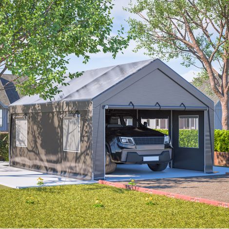 Garage-Zelt 611 x 396 x 300 cm grau aus verzinktem Stahl mit PE-Plane und Fenstern (1/4)