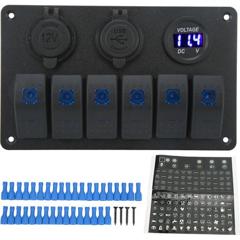 Panneau d'interrupteur à bascule 20A 6 gangs 12V 24V, lumière bleue étanche pour bateaux, navires, cockpits, camions SUV. (1/4)