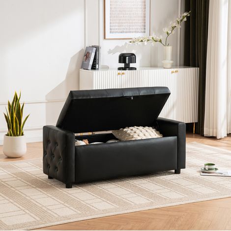 Banc coffre rectangulaire pour chambre, salon et entrée, rembourré, 122x45x47 cm, PU noir (1/5)