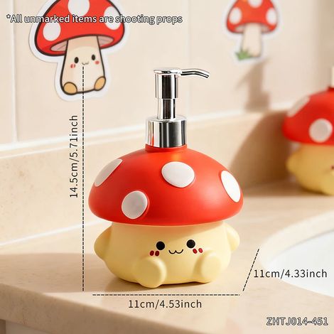 (Zhtj014-451-450 ml) Flacon distributeur à pression en forme de champignon à pois rouges kawaii pour savon et lotion - Décoration pour salle de bain, cuisine, bureau et maison (1/5)