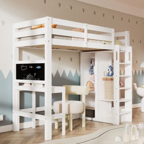 Hochbett mit Schreibtisch und offenem Kleiderschrank 90x200 cm Weiß - Multifunktionales Kinderbett mit Tafel, Rausfallschutz und Lattenrost (1/5)