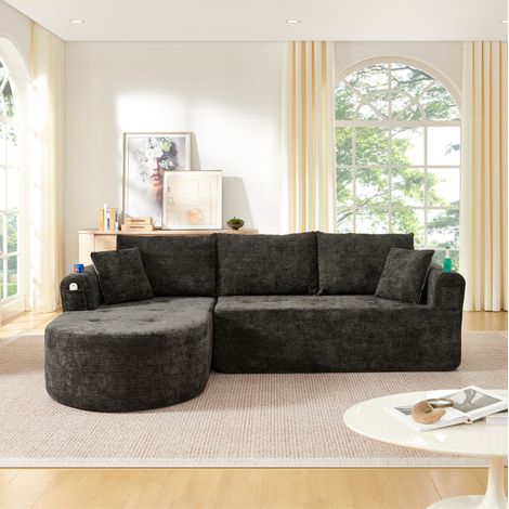 Canapé d’angle en tissu noir sans montage avec porte-gobelet en acier inoxydable et poches de rangement (1/5)