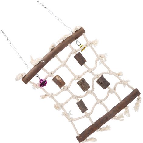 Lot de 3 jouets pour perruches : bloc de bois, corde en coton, filet d'escalade, pierre à molaire et balançoire. (1/5)