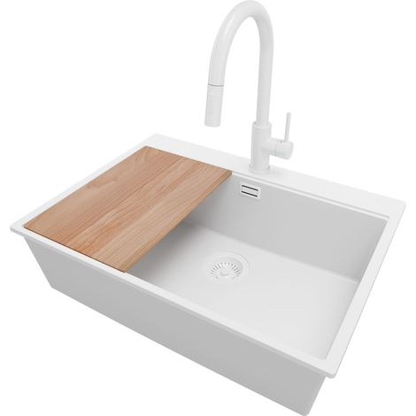 PRIMAGRAN Evier Cuisine en Granit 68x50cm, Lavabo 1 bac + Robinet 40x20cm + Kit de Vidage + Accessoire, Évier à Encastrer au meuble 70cm - Oslo, Tout Blanc (1/5)