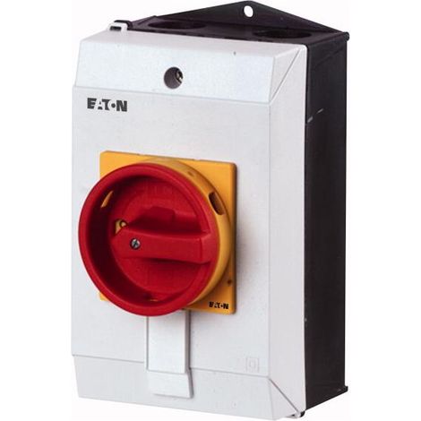 Eaton Interruttore principale, P1, 25 A, Montaggio superficiale, 3 poli + N, Funzione di ARRESTO DI EMERGENZA, con maniglia girevole rossa e ghiera di bloccaggio gialla, bloccabile in posizione 0, Ese