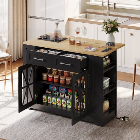 Isola da cucina 120x40x92 cm nero e naturale in MDF con piano pieghevole, prese AC/USB, ante in vetro e ruote (1/5)