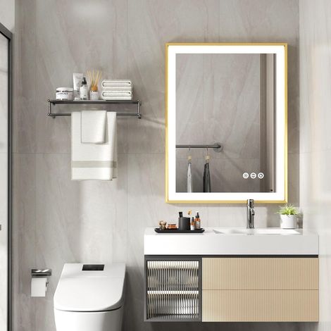 LUVODI Specchio da Bagno con LED Luce Dorata Cornice Rettangolare 60x80cm (1/5)