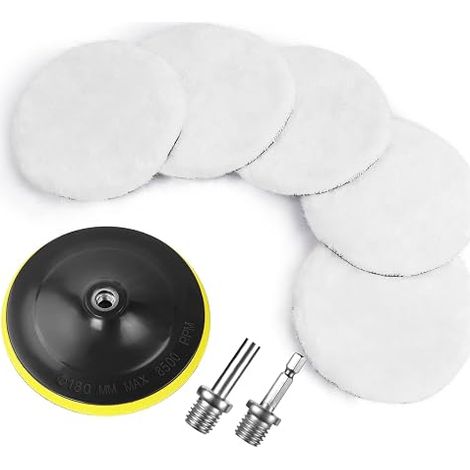 Tampon Polissage en Laine, 180mm Disque de Polissage M14 et Tige Hexagonale Adaptateur Foret, Kit Polissage Voiture pour Ponçage Polissage (1/5)