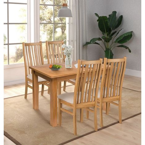 Hallowood Furniture Camberley Oak Extendable Dining Table and Chairs Set 4, Rectangular Butterfly Table and Chairs with Beige Fabric Padded Seats and Cut-away Strip Design for Home and Café (1/5)