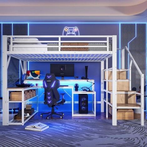 Lit superposé - KOMHTOM - 140x200 cm - Escalier avec rangement - Bureau intégré - LED intégrée & USB (1/5)