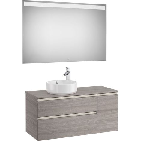 Pack meuble "The gap" 1100 pour vasque à gauche - 2 tiroirs + 1 porte + plan + miroir LED - city oak/poignées nickel mat - Roca (1/2)
