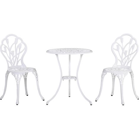 Ensemble repas jardin 2 personnes aluminium blanc, 1 table + 2 chaises avec trou pour parasol