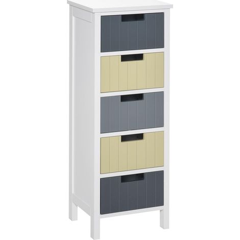 Commode HOMCOM en bois à 5 tiroirs, meuble de rangement d'appoint avec pieds surélevés, style moderne pour chambre, salon, salle de bain, 35 x 28 x 90,5 cm, multicolore