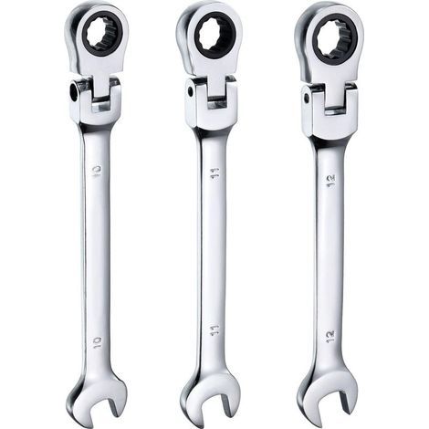 Lot de 3 clés mixtes à cliquet à tête flexible (10/11/12 mm) — Tête rotative à 180° — 72 dents — Acier Chrome-Vanadium — Pour écrous et boulons (1/5)