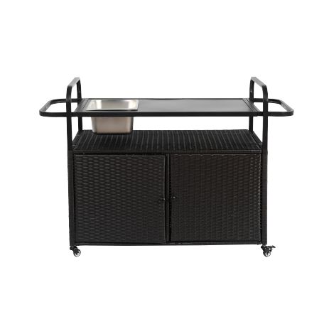 Outdoor Bar Table, Wicker Bar Cart with Cabinet, Patio Serving Cart with steel Top, with one ice bucket,Lockable Wheels, Side Basket for Garden, Poolside & Backyard, Black