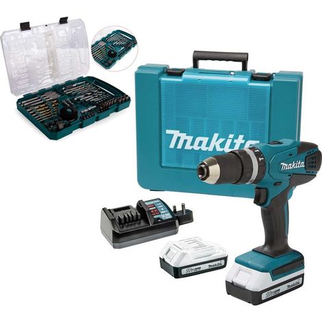 Makita 18v Li-ion Cordless Combi Hammer Drill 2 Batteries HP457DWE + Bit Set (1/4)