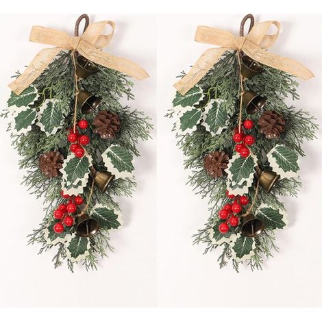 2pcs Couronne de Noël pour porte d'entrée, couronne de porte de Noël - Ornements de cloche de Noël Couronnes de larmes d’hiver,Décor de nœud papillon en grappes de baies rouges, 40cm/15.7 pouces Thank (1/5)