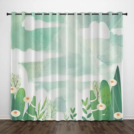 Rideau occultant Exquis Dessin animé Plante Verte 92x91 Pouces Rideaux Super Doux pour Chambre à Coucher Rideau occultant -Rideau à œillets pour décoration de Chambre d'enfant - W 92 x H 91 Inch (2 x (1/5)