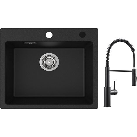 Lavello da Cucina in Quarzo Nero 1 Vasca 50x45 cm Lavello da Cucina in Quarzo + Miscelatore da Cucina a Molla con Doccetta Estraibile, 2 Modalità di Uscita dell'Acqua, Nero