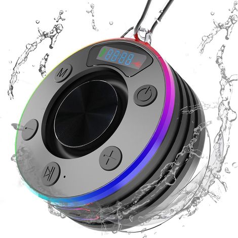 Enceinte Bluetooth Puissante sans Fil, Enceinte Bluetooth Douche Portable, IPX7 avec Ventouse, Stéréo 360° avec Mic HD, Appel Mains Libres, Affichage de l'heure, Lumière LED pour Extérieur (1/5)