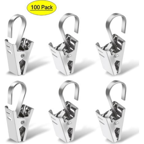 Clip per tende, confezione da 100 clip in acciaio inossidabile, adatte per luci decorative da esterno, decorazioni per feste, appendere foto, tende da campeggio e allestimenti per oggetti artigianali.