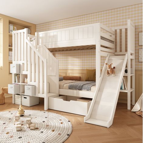 Letto a castello per bambini 245x166x162 cm bianco con scivolo, senza materasso – MEUBLIV (1/5)