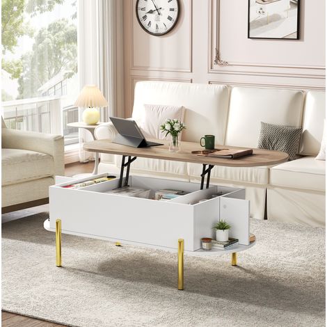 Table basse relevable 120 x 50 x 43 cm avec rangement caché, blanche et effet bois naturel HAVRYA (1/5)