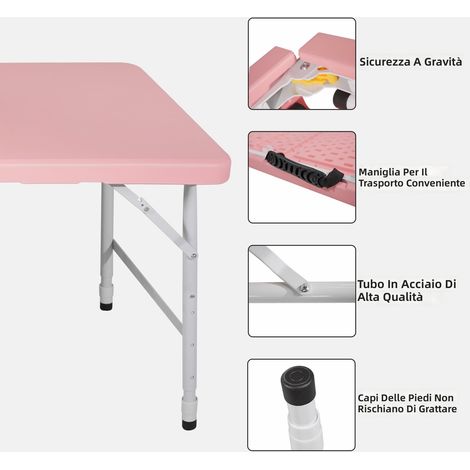Tavolo pieghevole portatile 125 cm con maniglia, altezza regolabile per interni ed esterni, resistenza 135 kg, multifunzionale per campeggio picnic feste, colore rosa (1/5)